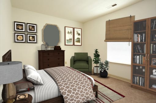 a bedroom with a bed and a chair and a dresser