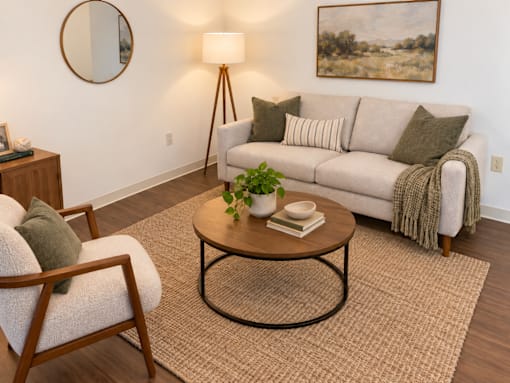 A living room with a couch, chair, and a painting on the wall.
