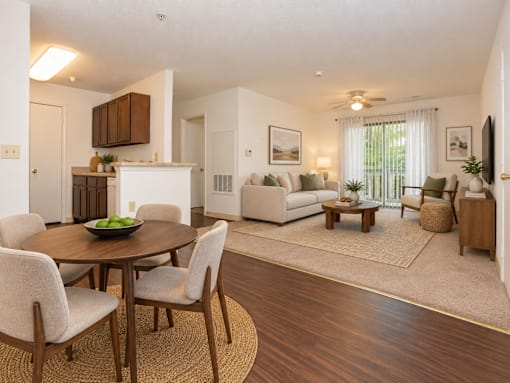 A dining room with a round table and chairs.
