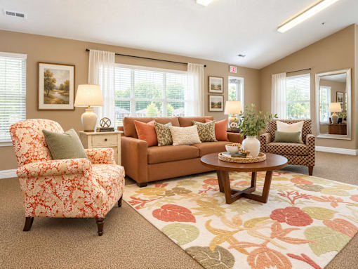 A living room with a floral patterned rug and a brown couch.