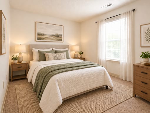 A bedroom with a large bed and two nightstands.
