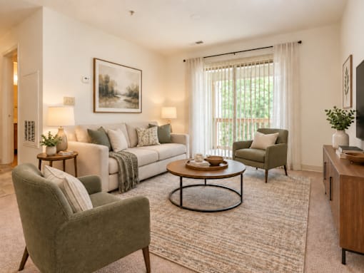 A living room with a grey couch, a grey armchair, a wooden coffee table, and a painting on the wall.