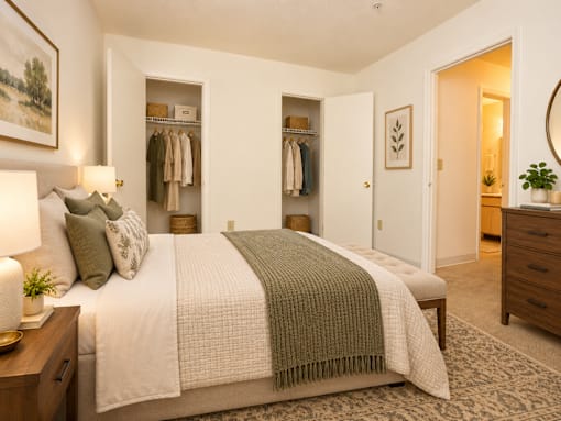 A bedroom with a large bed and a wardrobe.