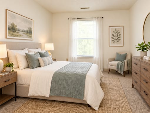 A bedroom with a large bed and a window with curtains.