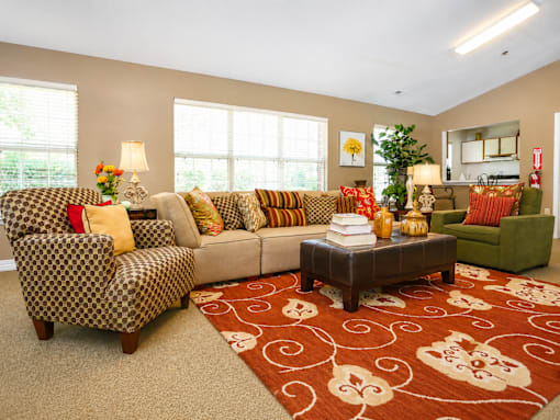 A living room with a patterned rug and a brown sofa.