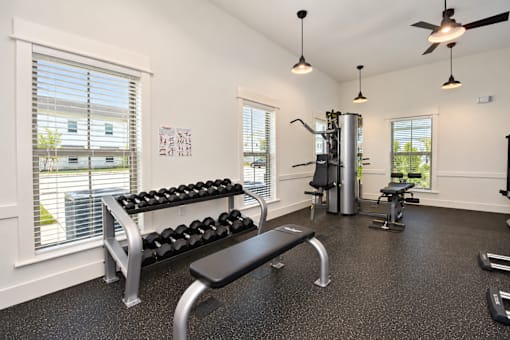 A gym with a bench, weights, and a fan.
