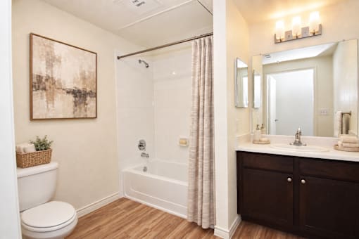 A bathroom with a toilet, a bathtub, a sink, and a mirror.