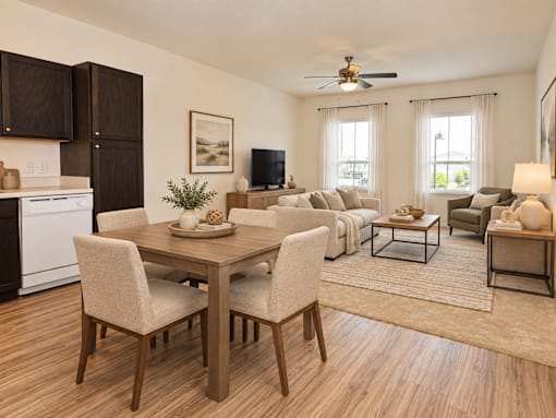 A warm looking living and dining room