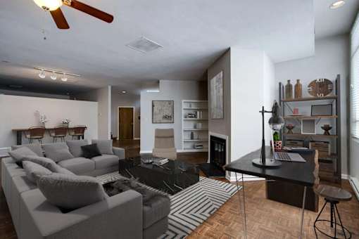 a living room with a couch and a table