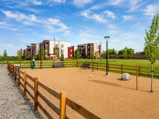 A playground with a wooden fence and a building in the background.