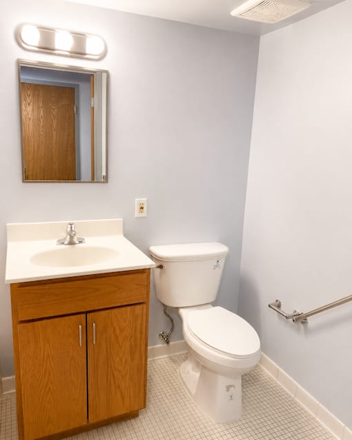 A white toilet sits next to a sink in a bathroom.