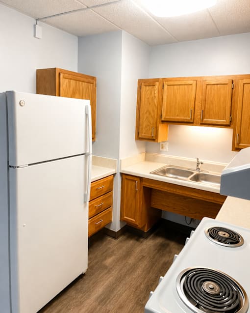 A white refrigerator is in a kitchen with wooden cabinets.