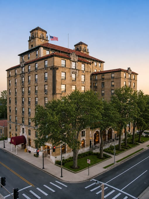 A large building with a flag on top is surrounded by trees.
