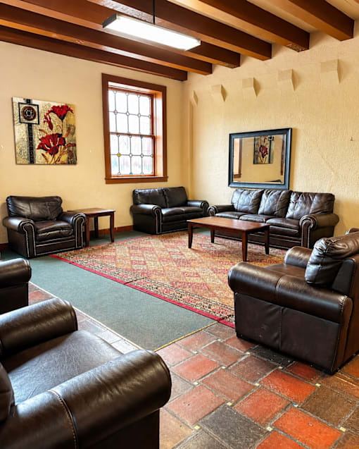 A living room with leather couches and a rug.