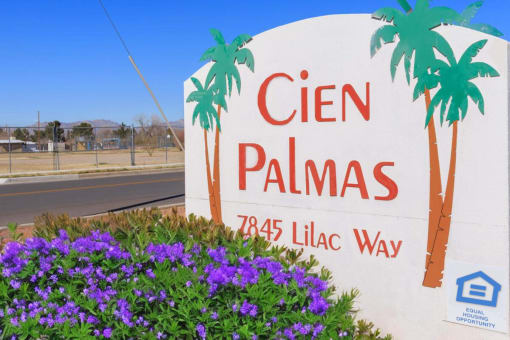 a sign for a cien palmas with purple flowers