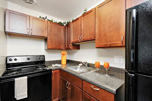 A kitchen with black appliances and wooden cabinets.