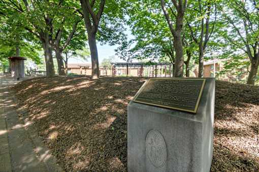 A monument with a plaque on it is surrounded by trees.