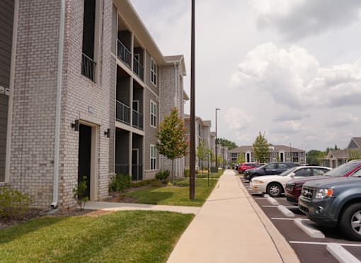 A row of cars parked in a parking lot in front of a building.