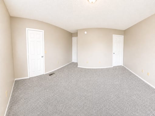 A room with grey carpet and white doors.
