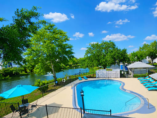 A pool surrounded by trees and a fence.