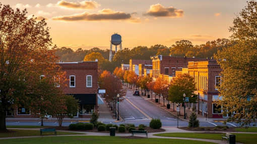 A street view of a town with a water tower in the background.