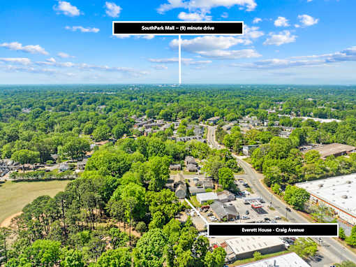 A bird's eye view of a residential area with a clear sky and trees.
