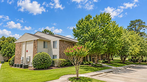 A house with a green lawn and a tree with pink flowers in front.