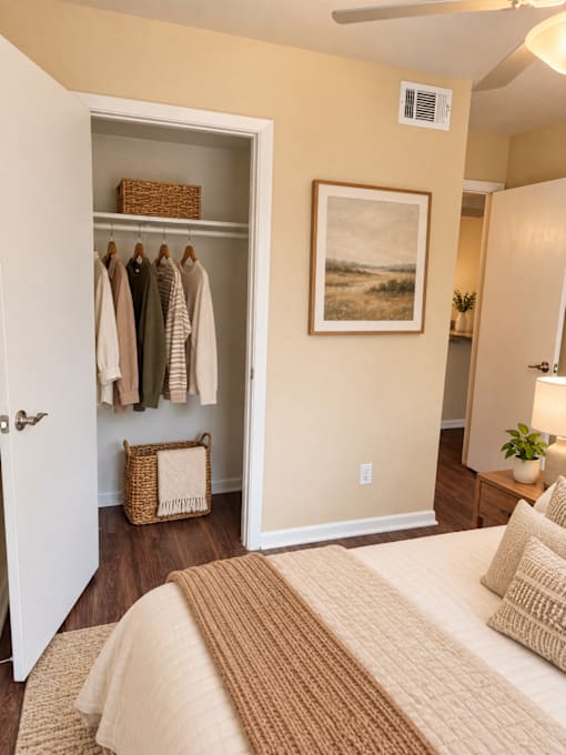 A bedroom with a bed, a basket, a painting, a plant, and a closet.