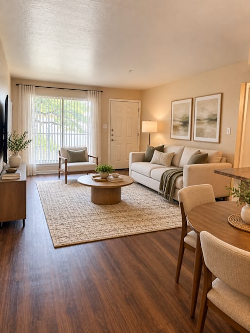 A living room with a couch, chair, and coffee table.