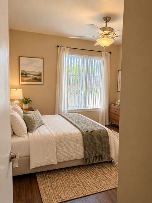 A bedroom with a bed, a ceiling fan, and a window with curtains.