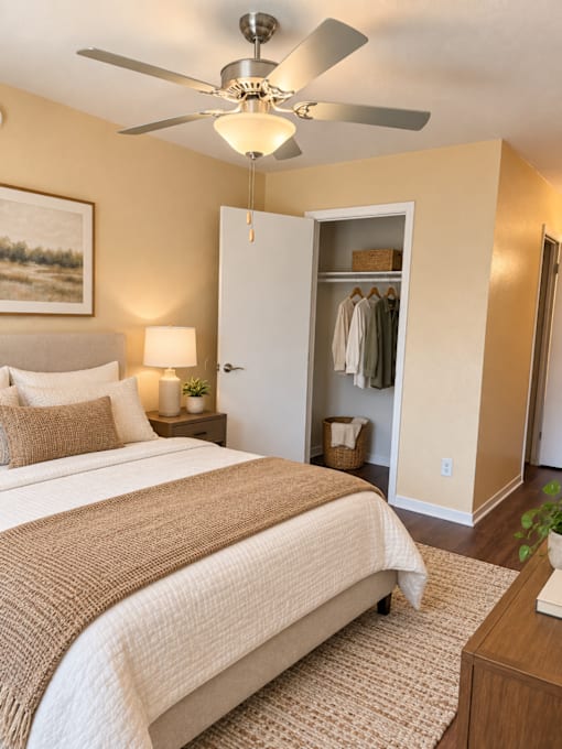 A bedroom with a large bed and a ceiling fan.