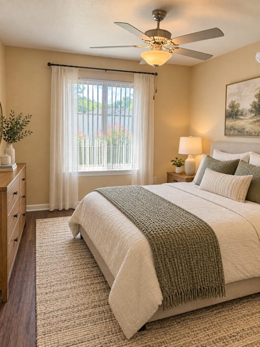 A bedroom with a large bed and a ceiling fan.