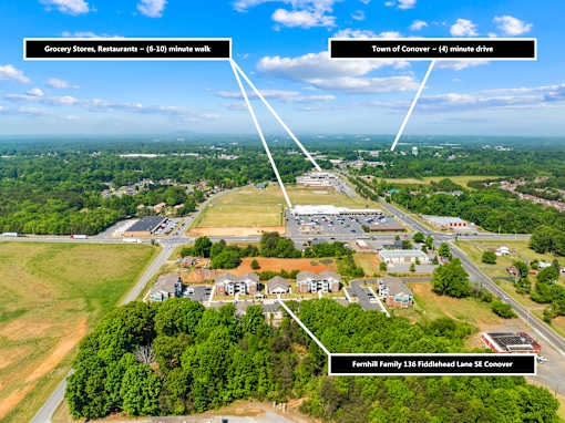 An aerial view of a residential area with a label pointing to Fernhill Family 136 Fiddlestead Lane SE Conover.