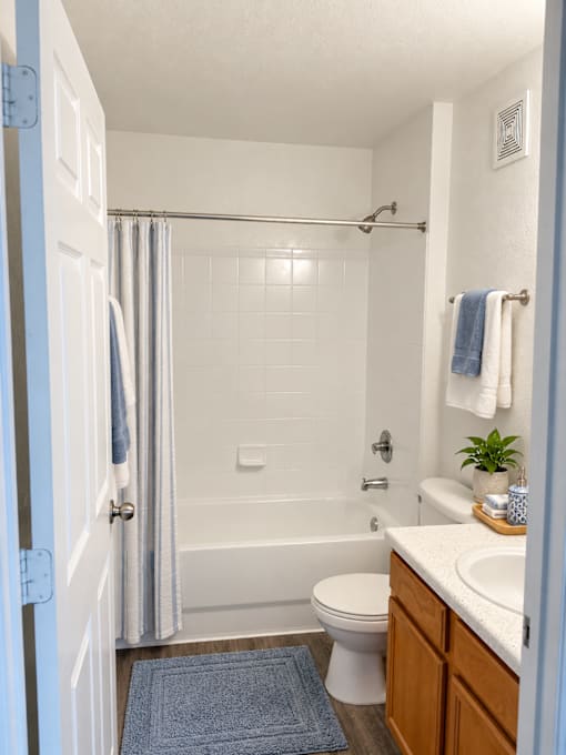 A bathroom with a toilet, sink, and shower.