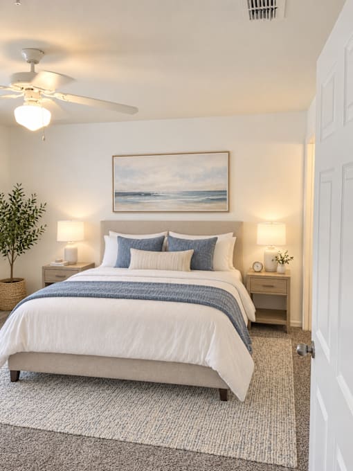 A bedroom with a large bed and a ceiling fan.