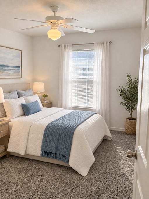 A bedroom with a bed, a ceiling fan, and a window with white curtains.
