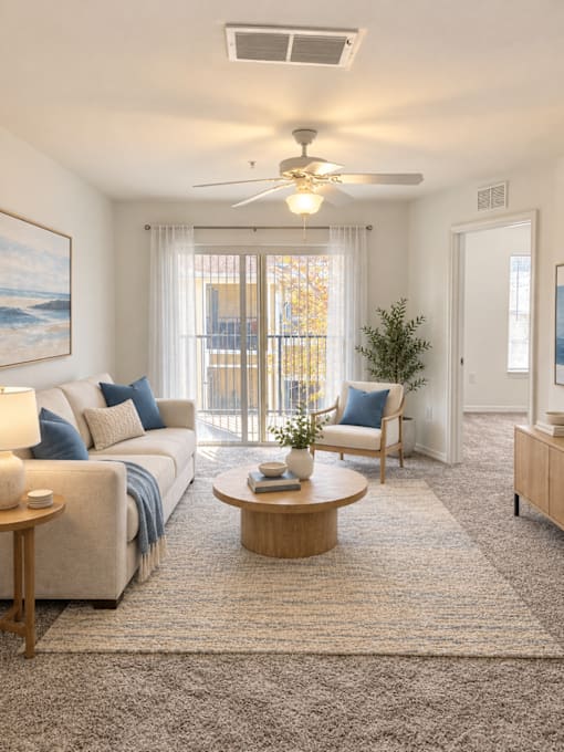 A living room with tan carpeting, white walls, and a sliding doors at the back to a patio or balcony