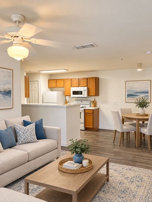 A living room with a couch, coffee table, and a kitchen area in the background.