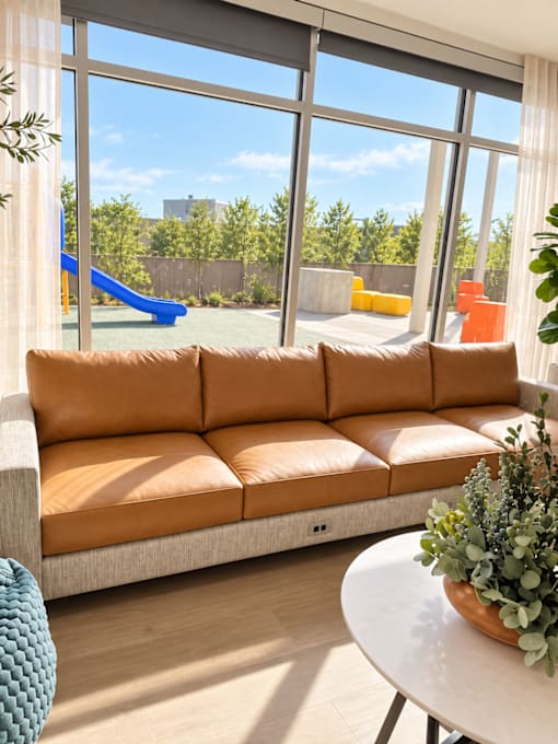 A living room with a large window and a blue chair.