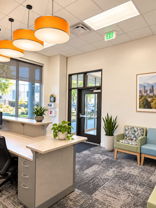 A modern office with a desk, chairs, and a potted plant.