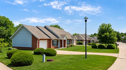 A row of houses with a street light in front.