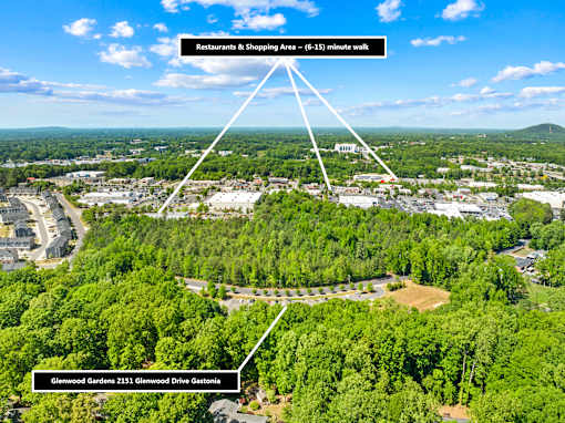 An aerial view of a location with a Restaurants & Shopping Area and Glenwood Gardens.