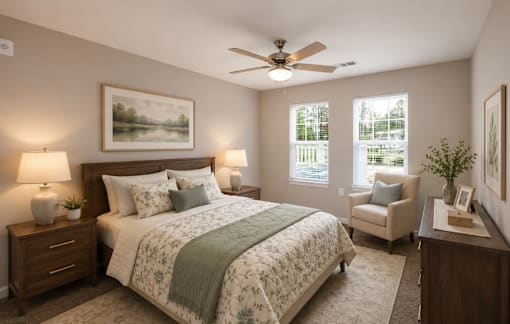 A bedroom with a large bed and a ceiling fan.