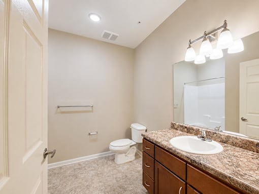 A bathroom with a sink, toilet, and mirror.