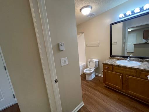A bathroom with a toilet, sink, and mirror.