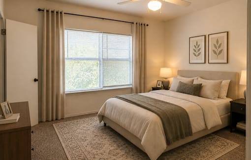 A bedroom with a large bed and a window with blinds.