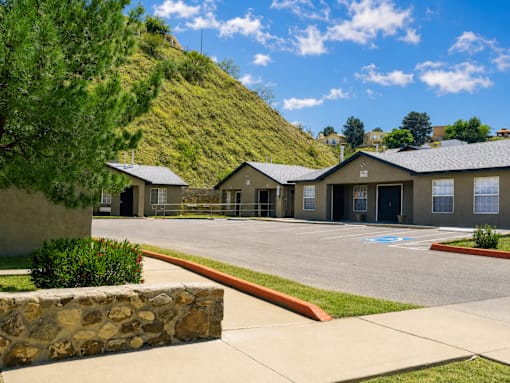 A row of houses with a hill in the background.