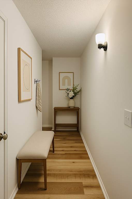 A hallway with a bench and a table with flowers on it.