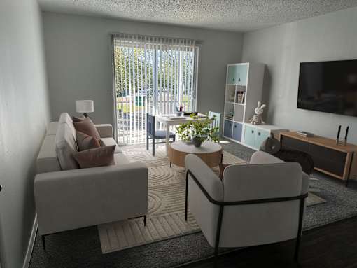 A living room with a grey couch, a white armchair, a coffee table, and a television.