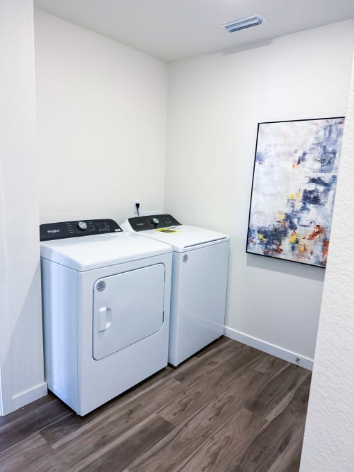 a washer and dryer in a room with a painting on the wall